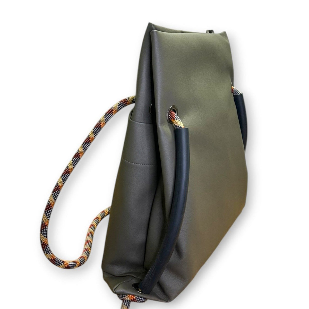 Sustainable commuter backpack by Ditto in subtle reclaimed oilve-grey faux leather & recycled climbing ropes handles