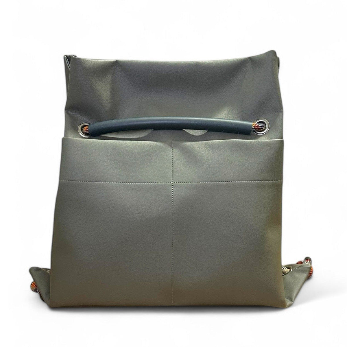 Convertible sustainable bag by Ditto in subtle reclaimed oilve-grey faux leather & recycled climbing ropes handles