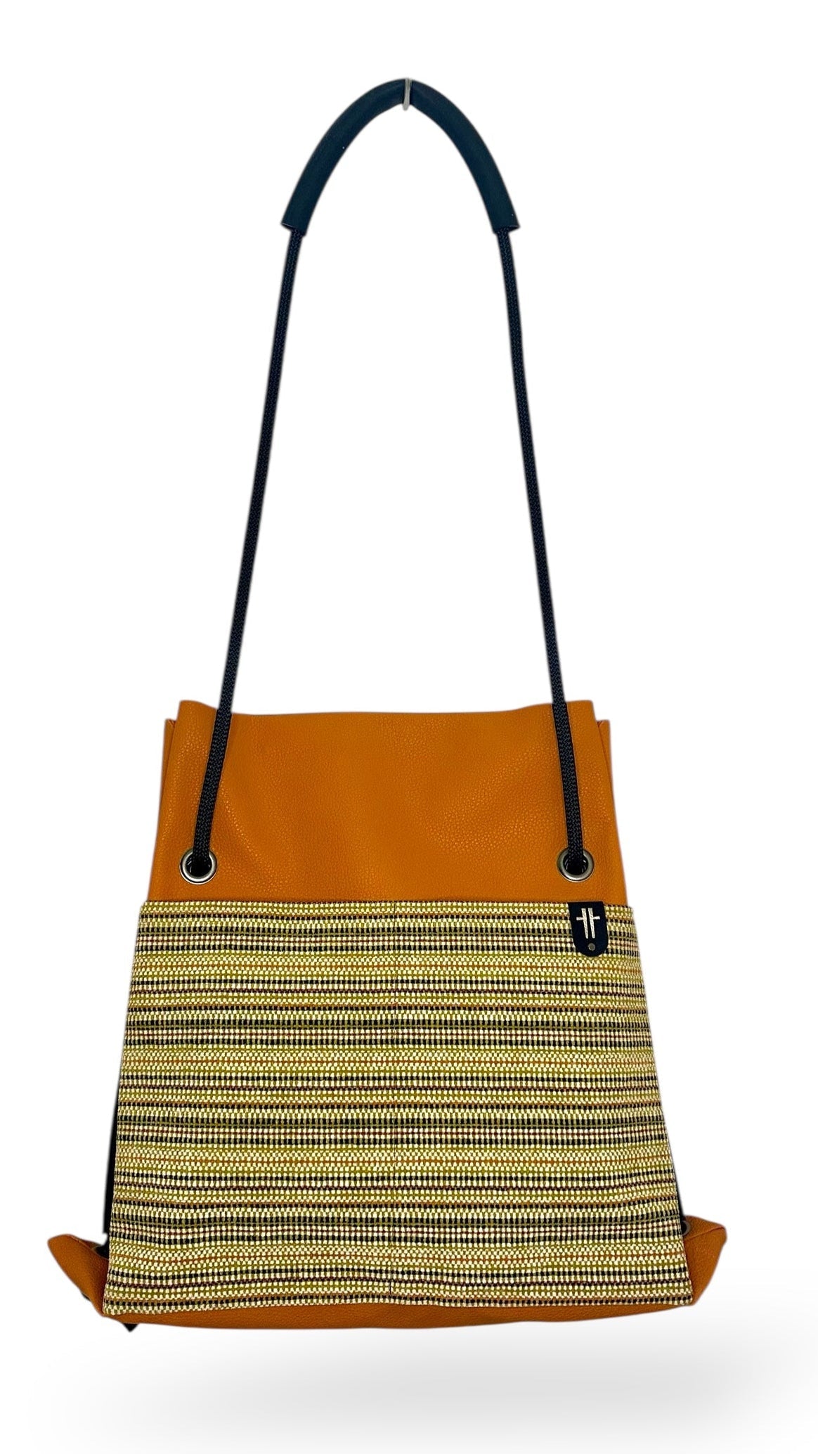 orange striped sustainable commuter bag with upcycled climbing rope and reclaimed materials retro styling