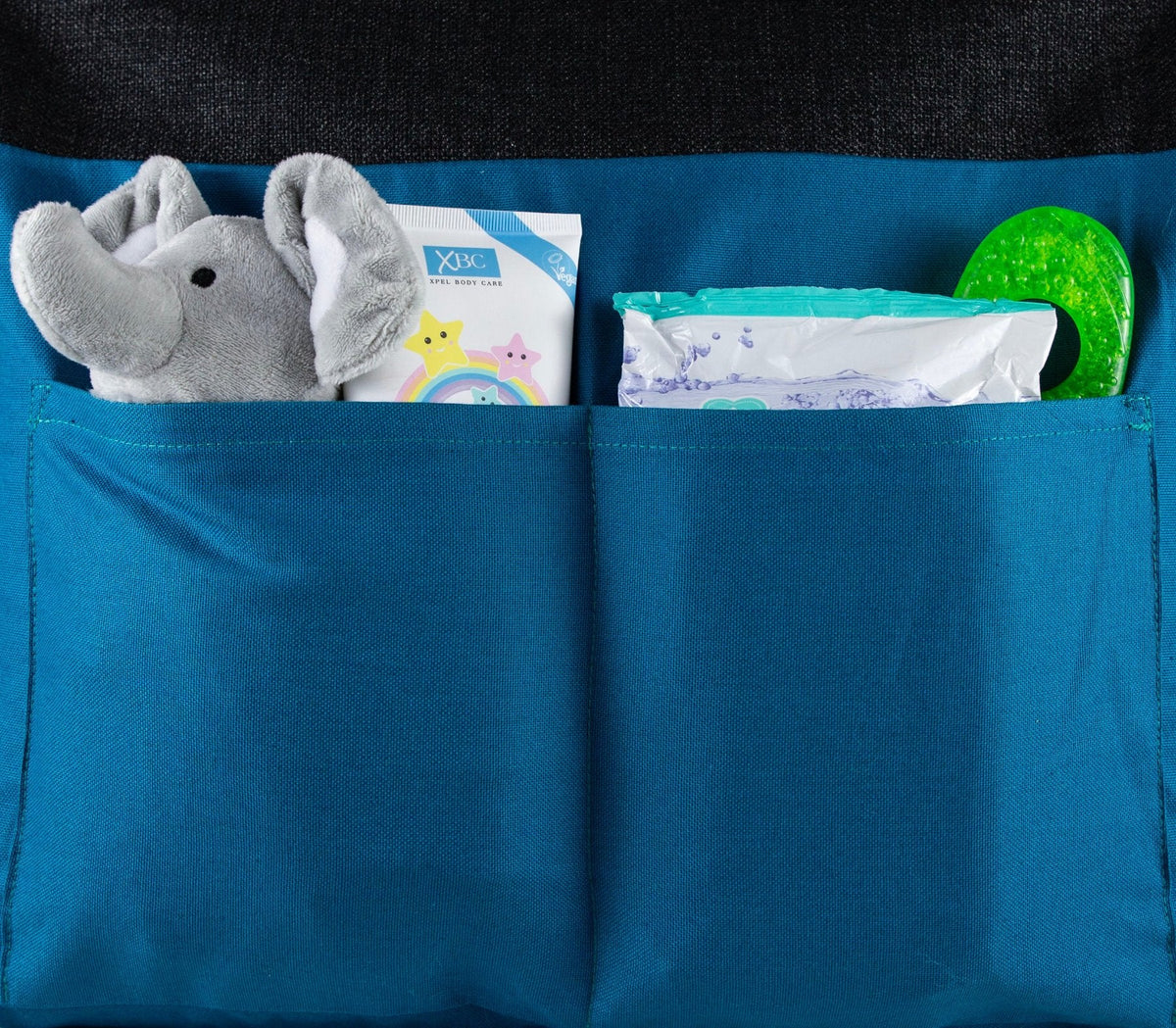teal internal pockets with baby items