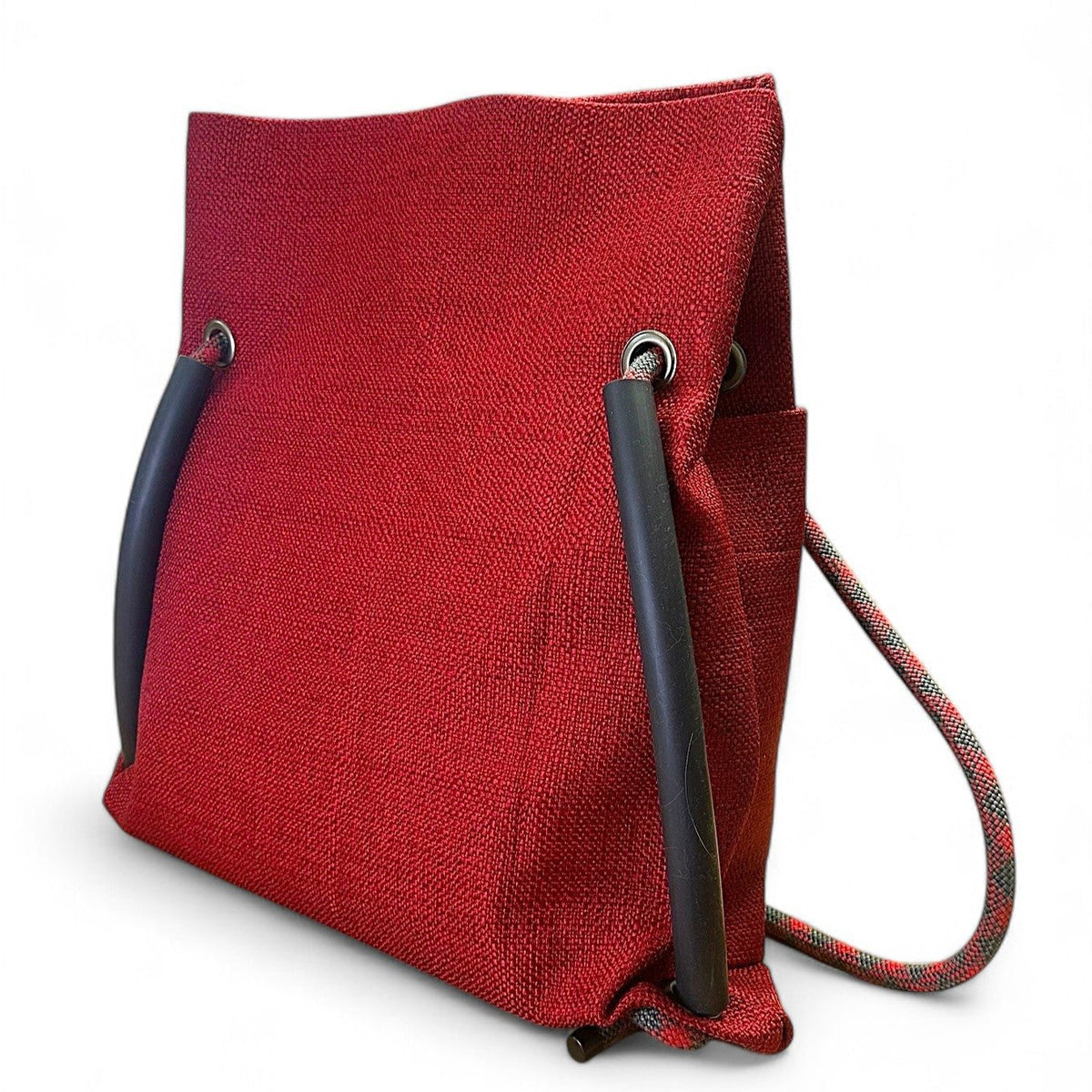 Ditto crimson red textile convertible backpack with recycled climbing rope handle