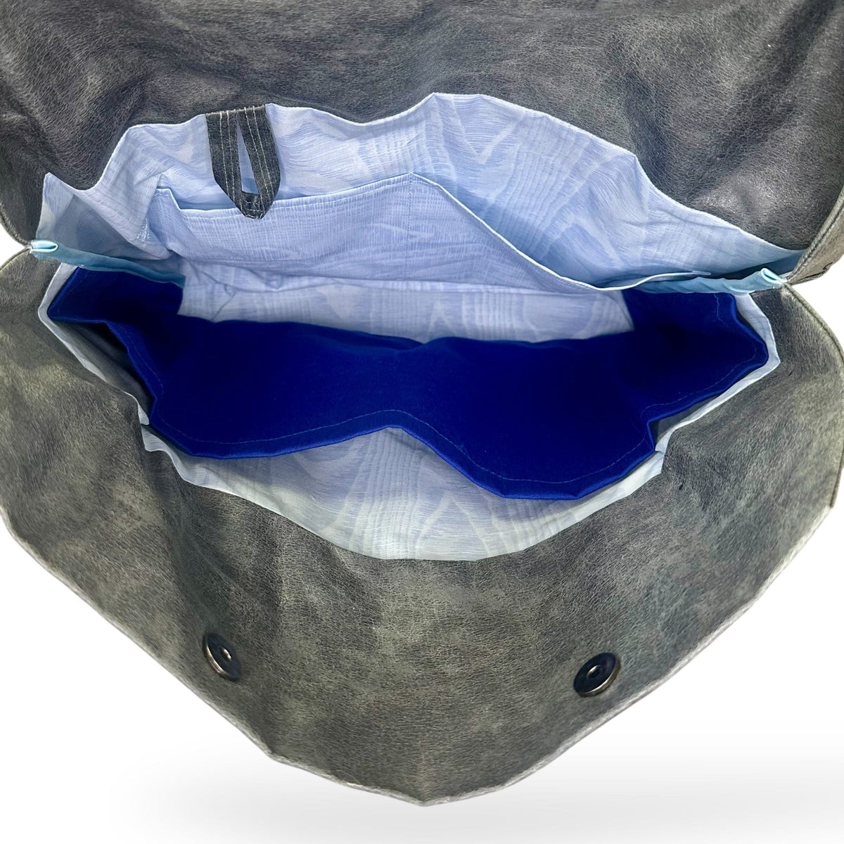 slate grey pleather bag inside pockets with laptop sleeve